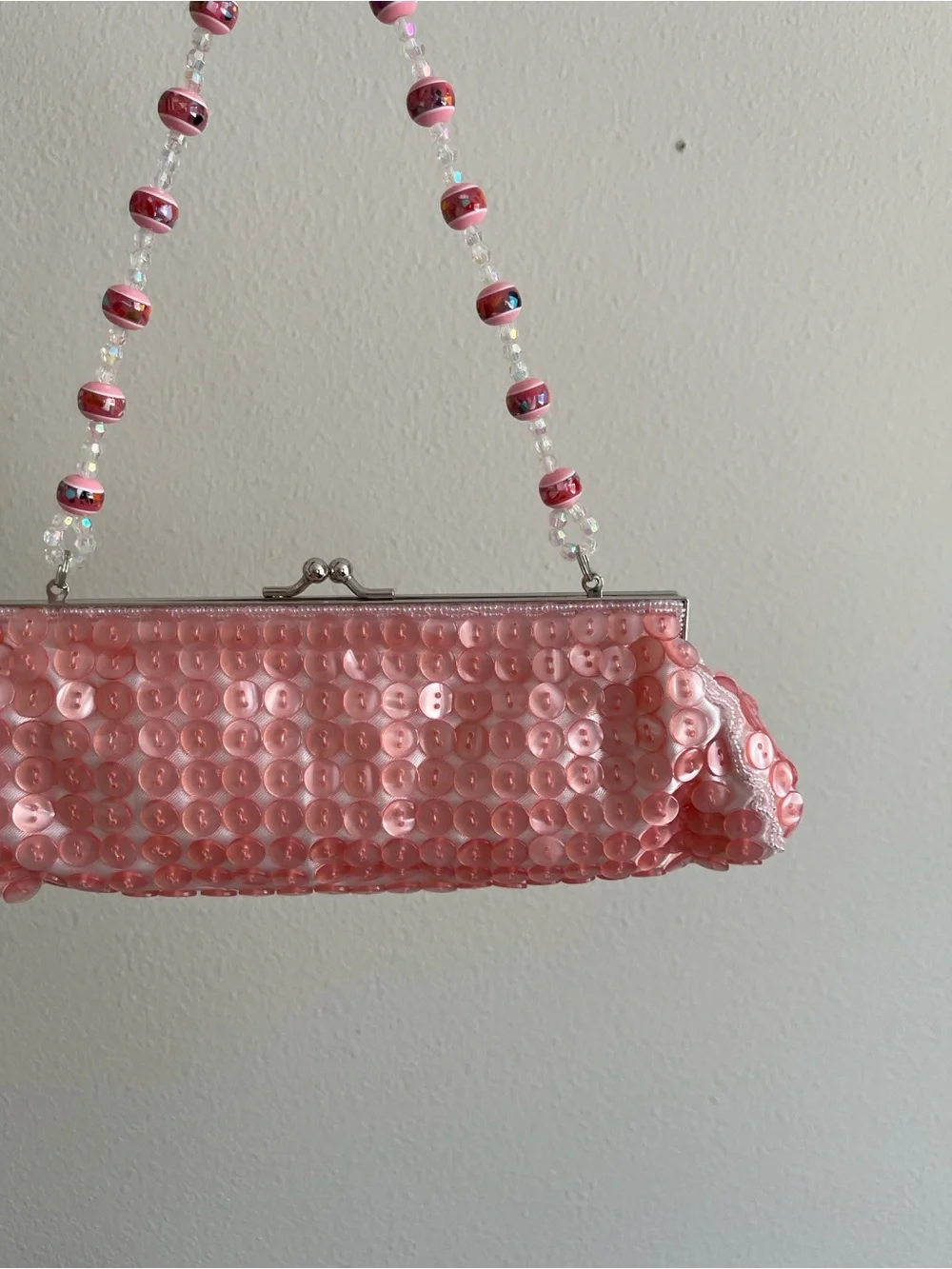 Pink Sequin Beaded Handle Evening Clutch